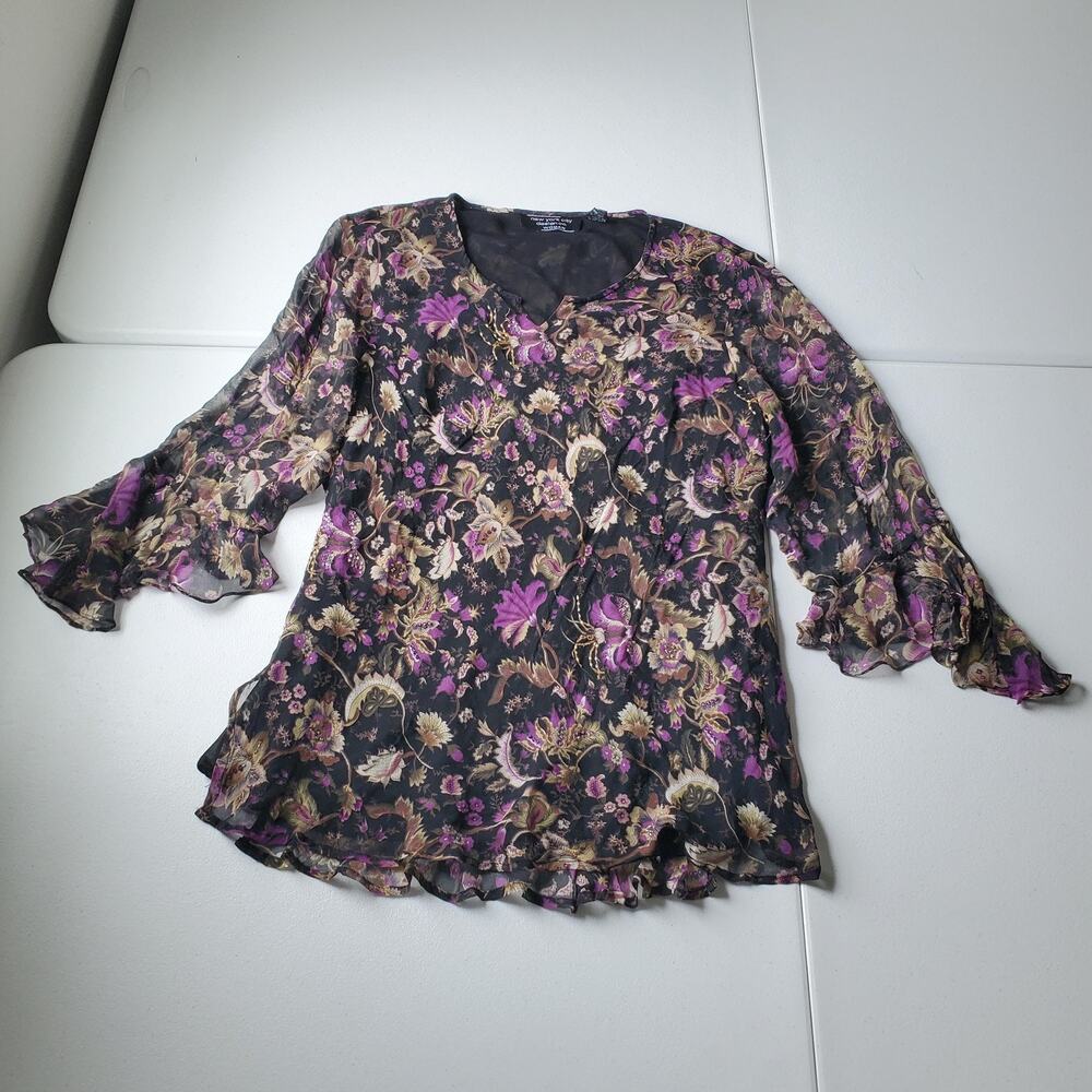 90s Y2K Whimsigoth Fairy Blouse Women 1X Black Purple Floral Silk Sheer Bell Top